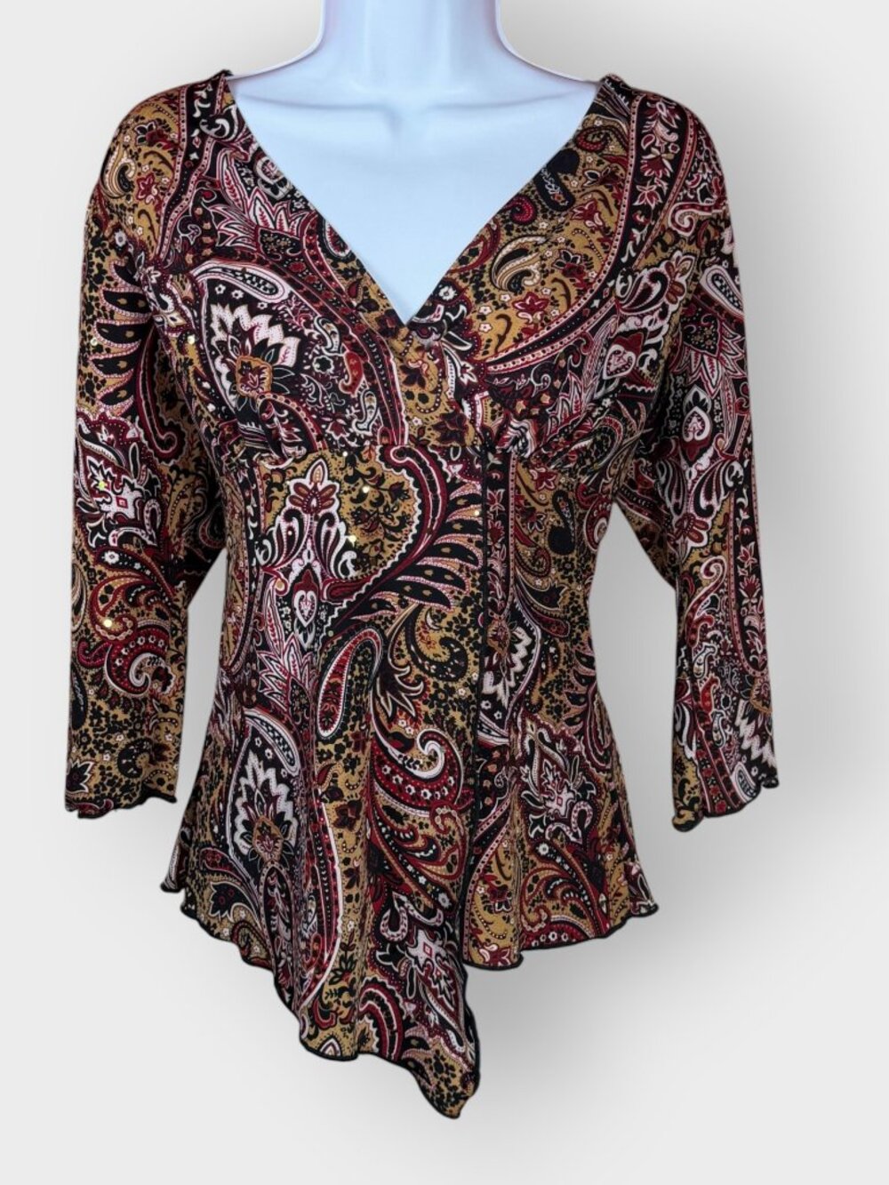 Vtg Y2K Fairy Grunge Babydoll Top | L | Sequins Asymmetric Hem | Whimsigoth Boho